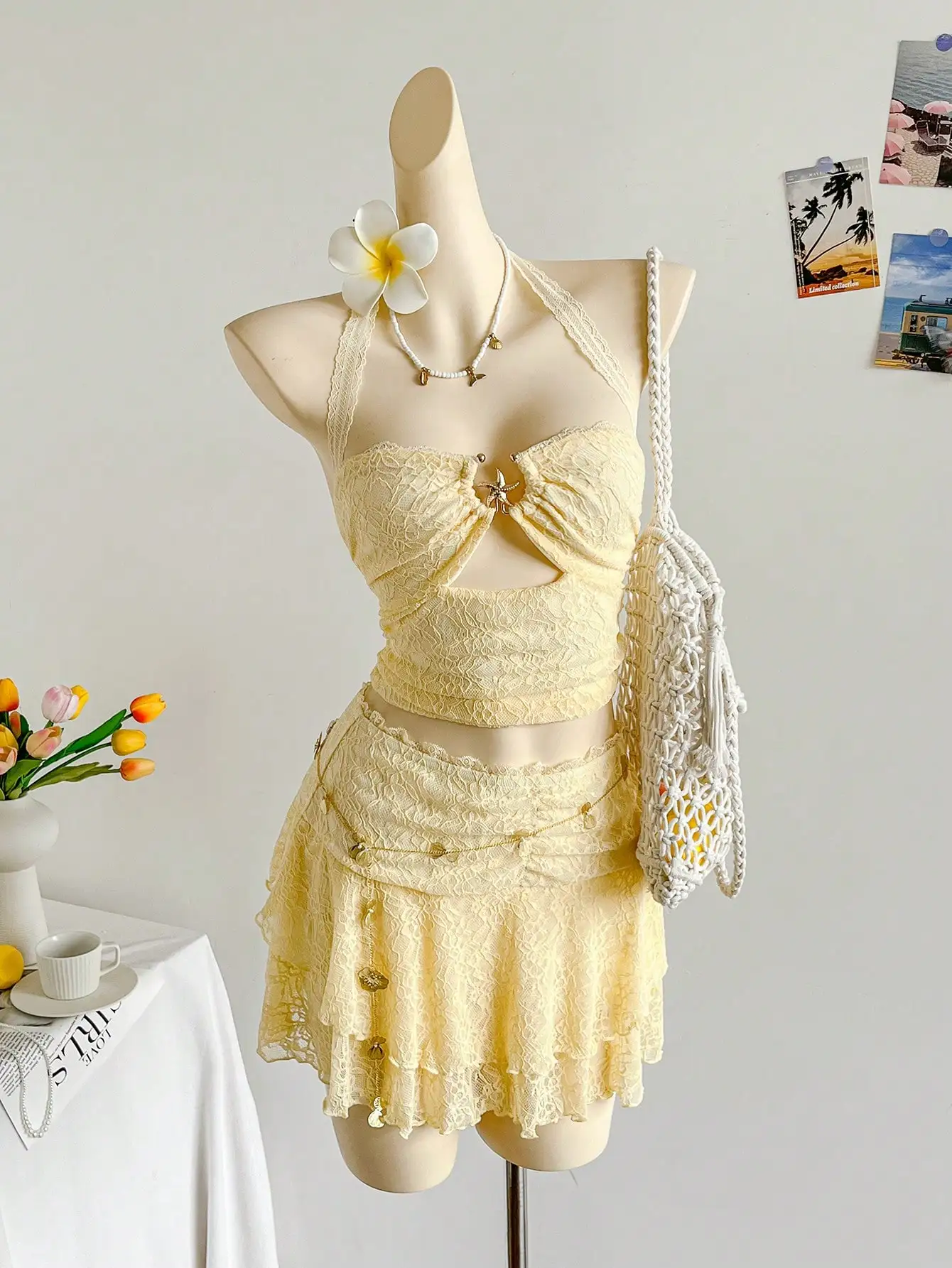 Cream Lace Halter Top & Tiered Ruffle Mini Skirt Set for Beach, Vacation, Date