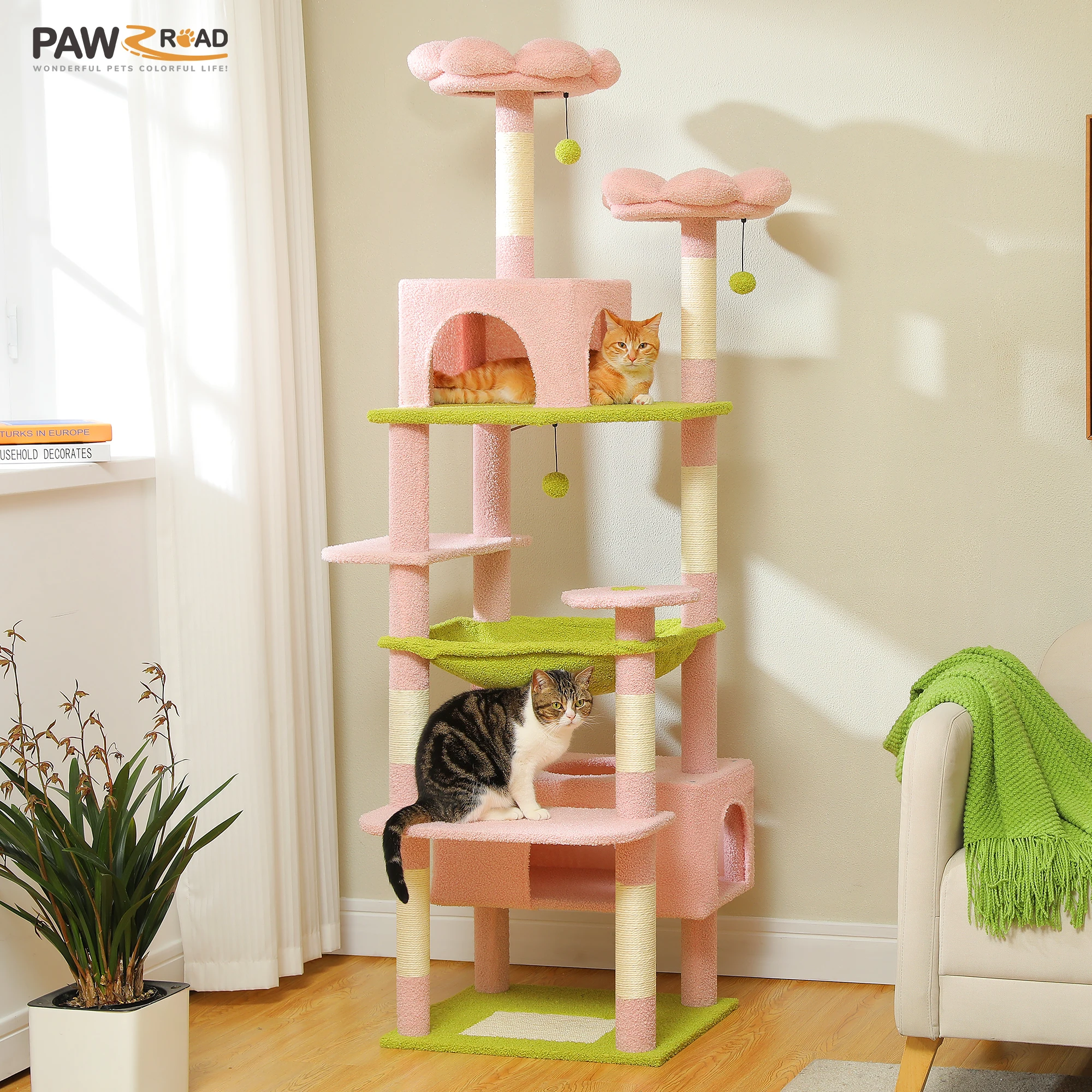 

184cm Large Cat Tree Tower for Indoor Cats With Sisal-Covered Scratching Posts Spacious Hammock Padded Perches and Condos Pink