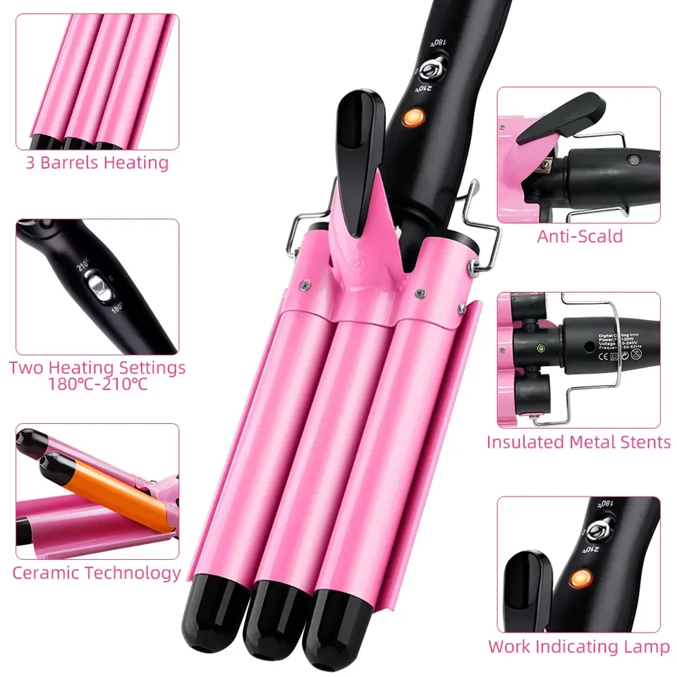 3 Barrel Curling Iron Hair Crimper Portable Temperature Adjustable Ceramic Wave Iron Wand Curler DIY Curly Hair Stylin