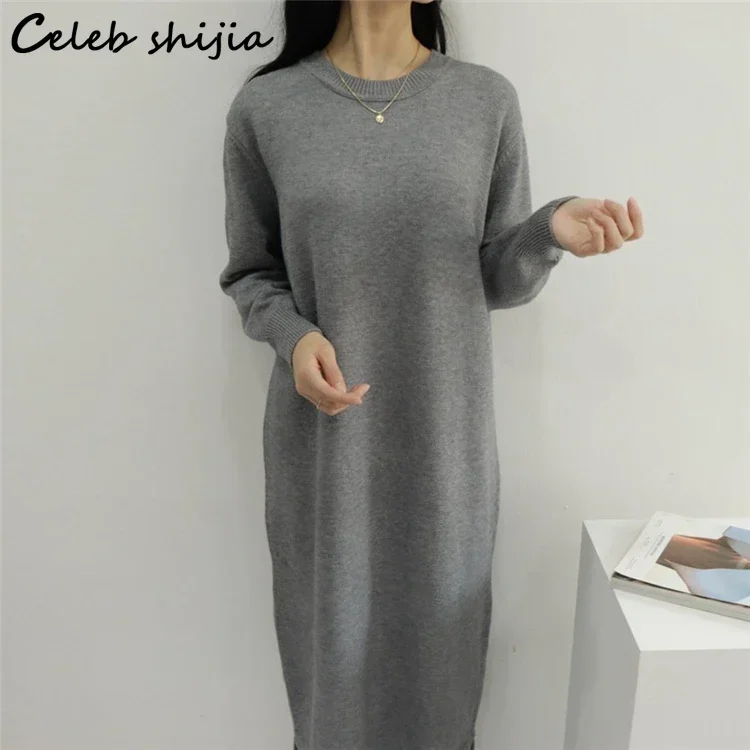 

Beige Loose Wool Maxi Dress Woman Autumn O-Neck Elegant Knitted Bodycon Dress Female Korean Long Sweater Winter Clothing