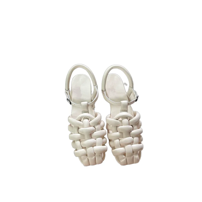 

Withered Roma Sandals Minimalist Summer Women's Shoes French Retro Woven Handmade Sheepskin Sandals Flat Shoes Women