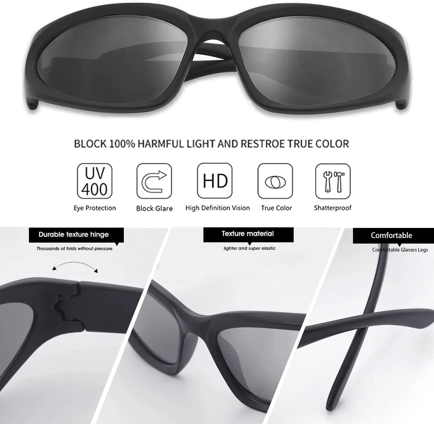 Y2K Wrap Around Sonnenbrille Fashion Rave Metallic Chrome Space Alien Brille Futuristische Farbtöne Sport für Damen Herren – Detail 4