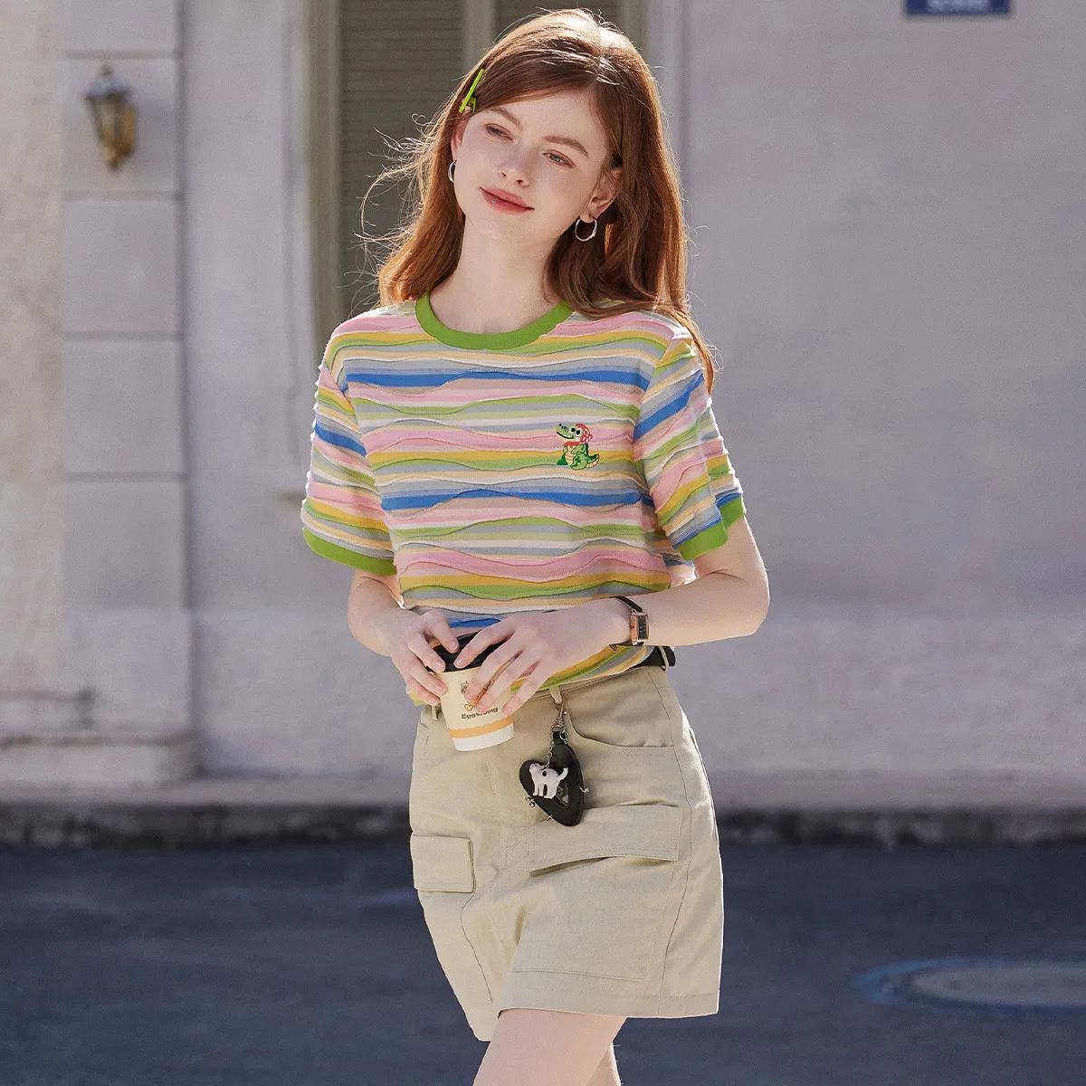LOUISYAO 2026 Spring Summer Women's T-Shirt 100% Cotton Contrast Stripe Short Sleeve Crew Neck Sweet Top