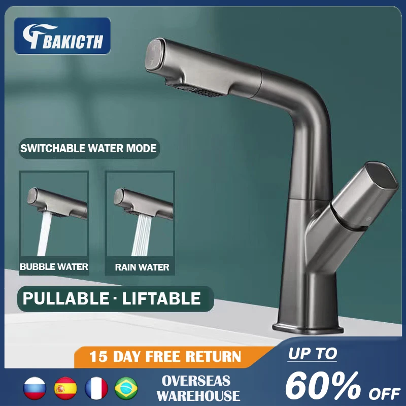 

Bakicth Black Basin Faucet Bathroom Pull Out Lift Brass Mixer Tap Hot & Cold Water 360° Lift Up and down Bathroom Sink Faucet