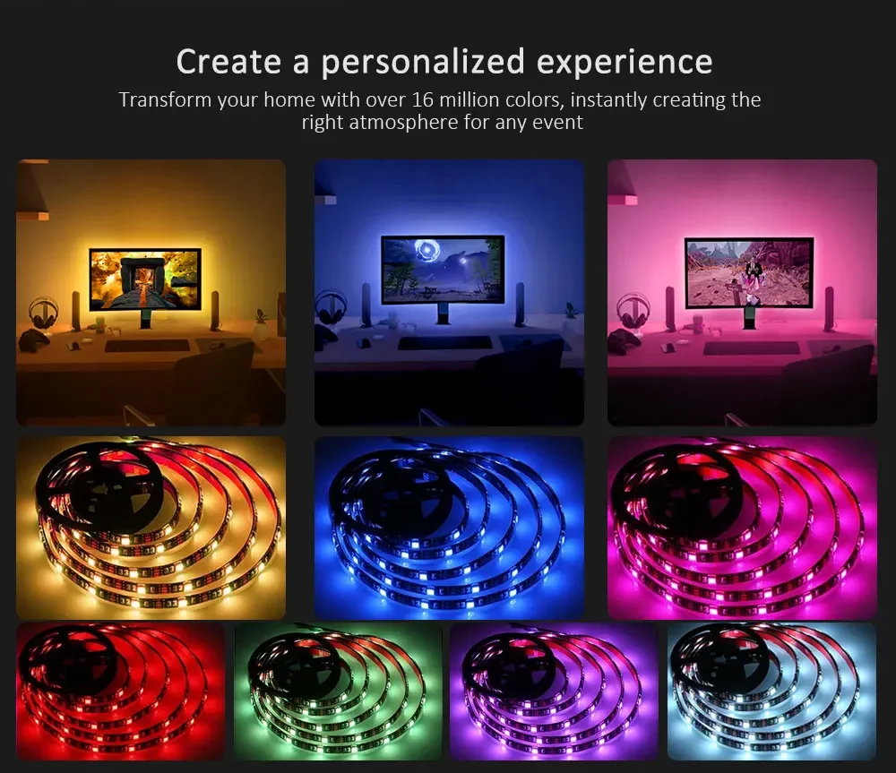 شريط إضاءة ليد لتزيين الغرف ، و RGB ، 5 فولت ، USB ، بلوتوث ، تحكم بالتطبيق ، إضاءة خلفية للتلفزيون ، ملونة