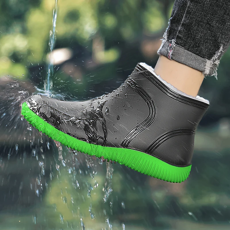 Men's Casual Cotton Rain Boots Winter Warm Plush Waterproof Anti-Slip Wading Fishing Water Shoes Car Wash Chef Work Rain Shoes