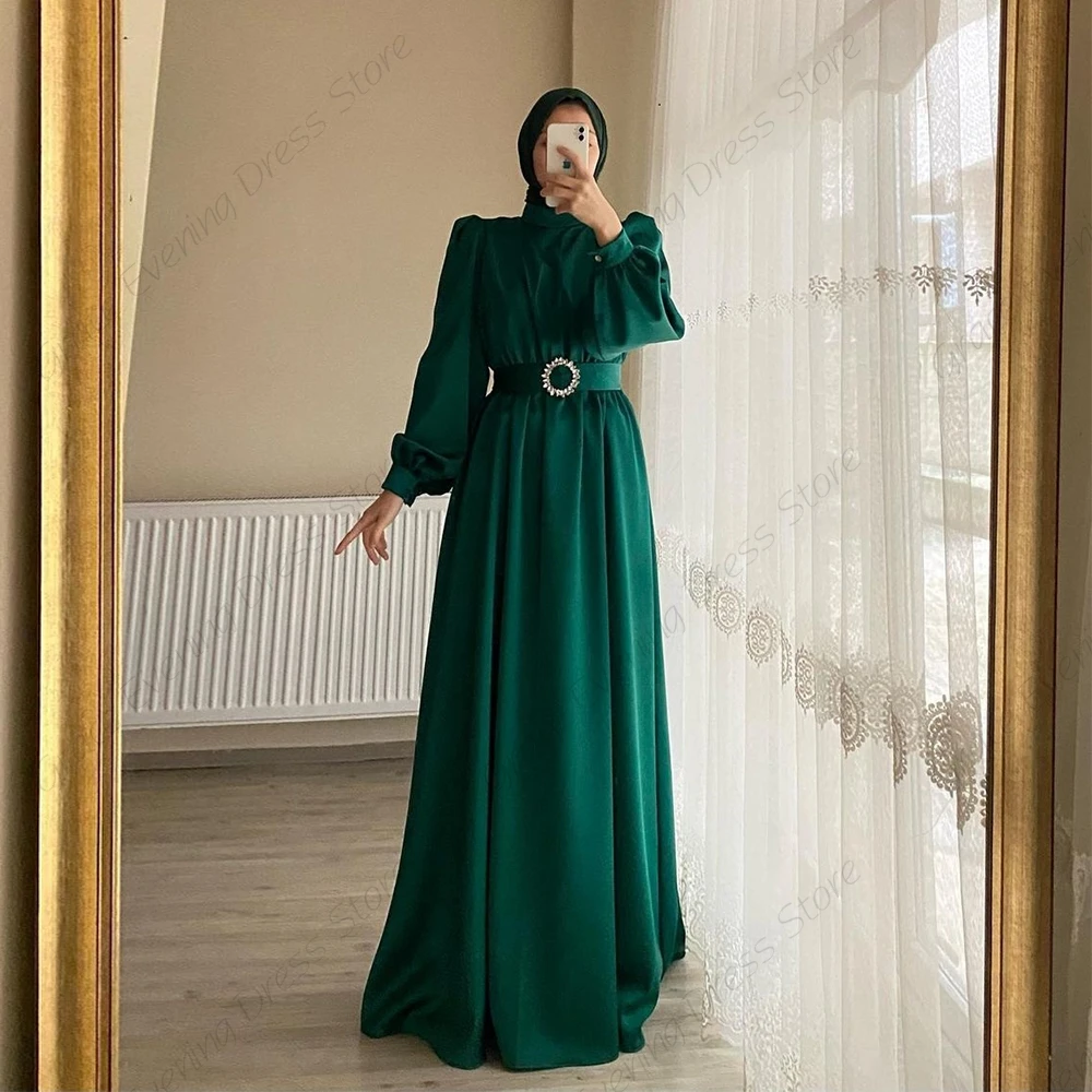 Green Silk Stretch Satin Evening Dresses for Dubai Caftan Full Sleeve Prom Gowns Moroccan Vestido De Noche 2023 Summer New