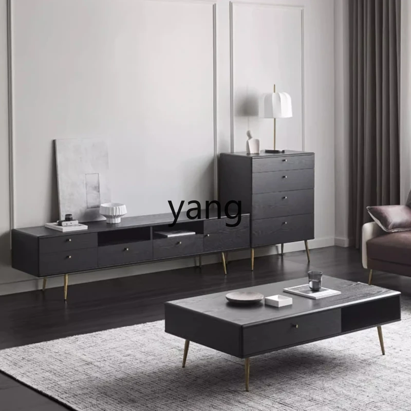 

YHM Solid Wood Coffee Table and TV Cabinet Set, Light Luxury Modern Simple Retro Black