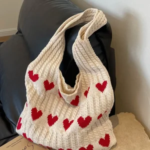 نمط القلب لون حجب الكروشيه حقيبة يد ، حقيبة الكتف ، سعة كبيرة ، حقيبة الشاطئ ، حقيبة تبديل متعددة الاستخدامات ، أزياء ، 1 قطعة أفضل 12 حقيبة شاطئ كروشيه مبيعا - رقم 12