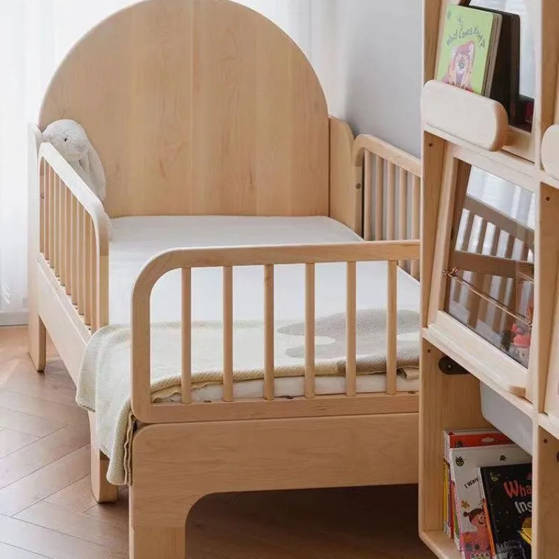 North American cherry wood children's bed telescopic pull-out bed with guardrail splicing bed crib
