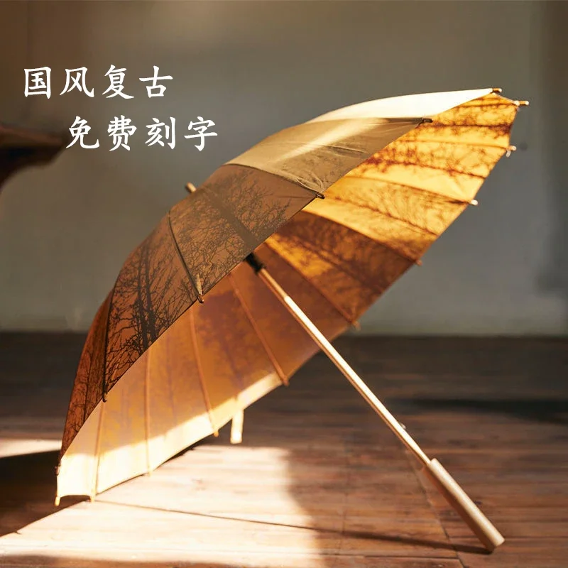 National style literary and retro women's wooden handle straight umbrella sunny umbrella dual-purpose sunscreen sun men's gift