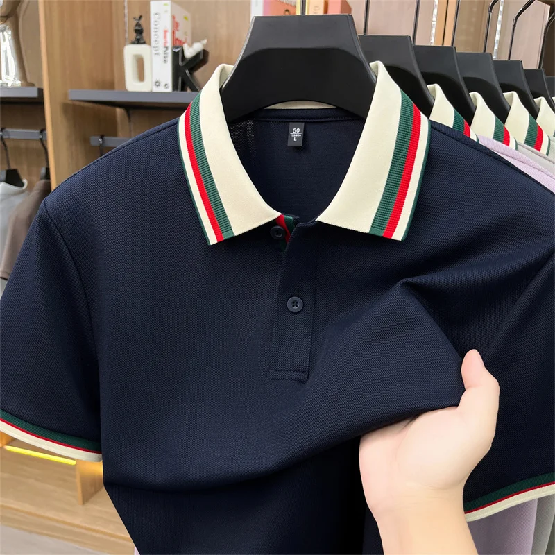 

Men's 2026 New Arrival Contrast Stripe Collar Polo Shirt Waffle Knit Casual Breathable Summer Top for Daily Wear