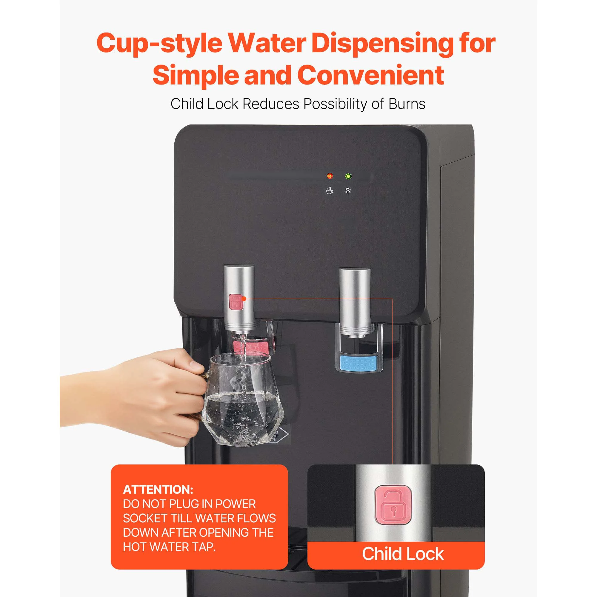 Dispensador de Água VEVOR com Carregamento Superior, Água Quente e Fria, para Garrafas de 3 ou 5 Galões, Aço Inoxidável Resistente para Uso Doméstico