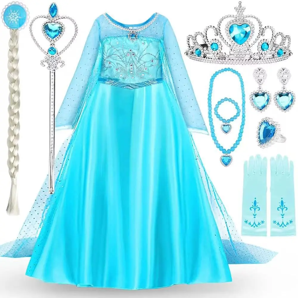 Vestido de Princesa Elsa de Frozen para Niñas con Corona, Varita Mágica, Guantes, Collar, Pendientes, Anillo y Set de Accesorios para el Cabello