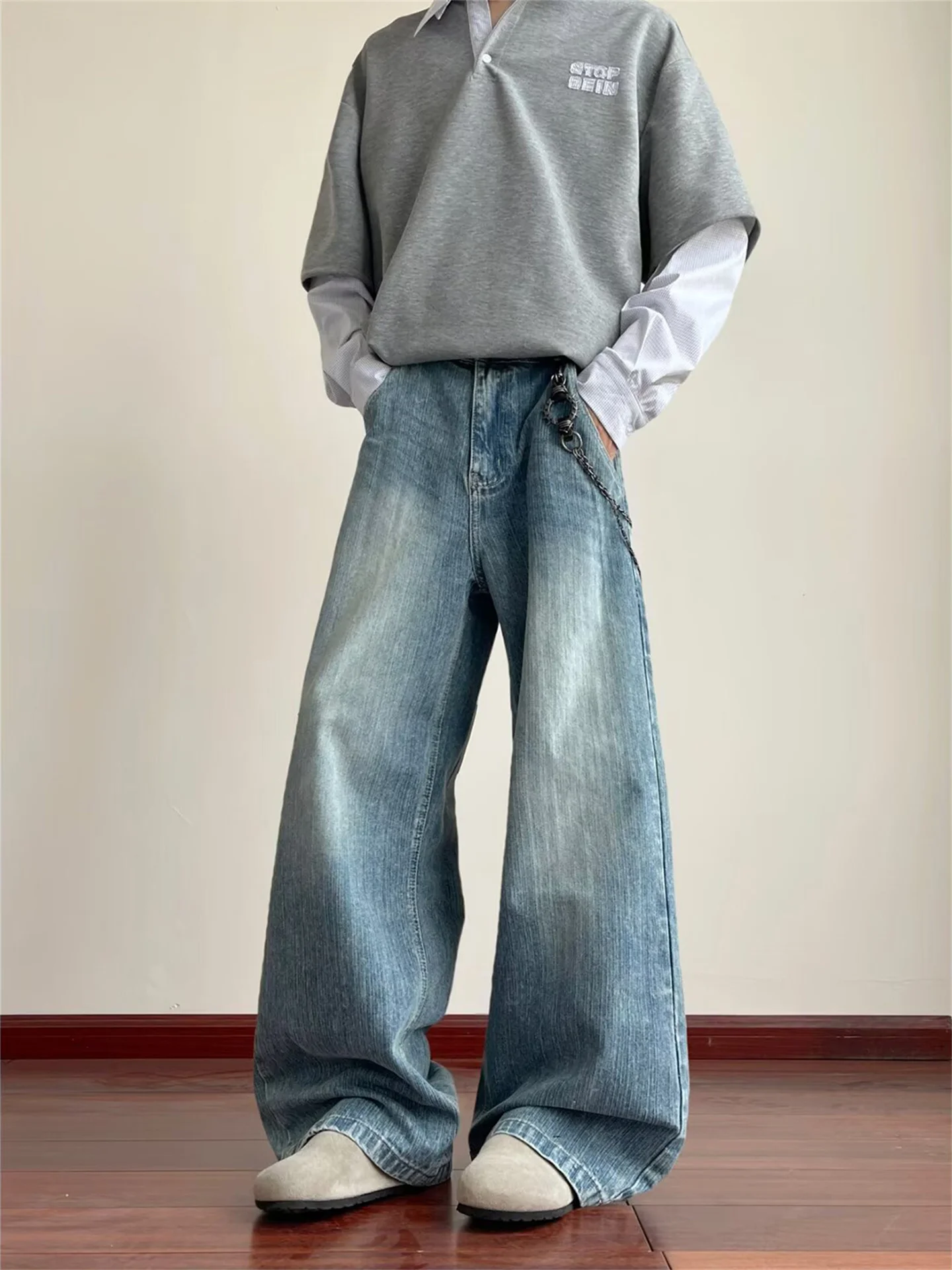 

Retro Cleanfit Bamboo Node Waed Jeans Men's American Wide Leg Loose Floor-Length Micro Flare Silhouette Long Pants