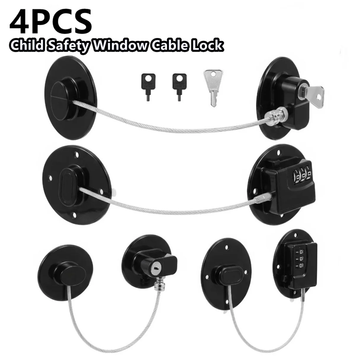4PCS Refrigerator Door Lock Set Combination Keyed Child Safety Fridge Locks Strong Adhesive Cable Lock For Cabinet Drawer Black
