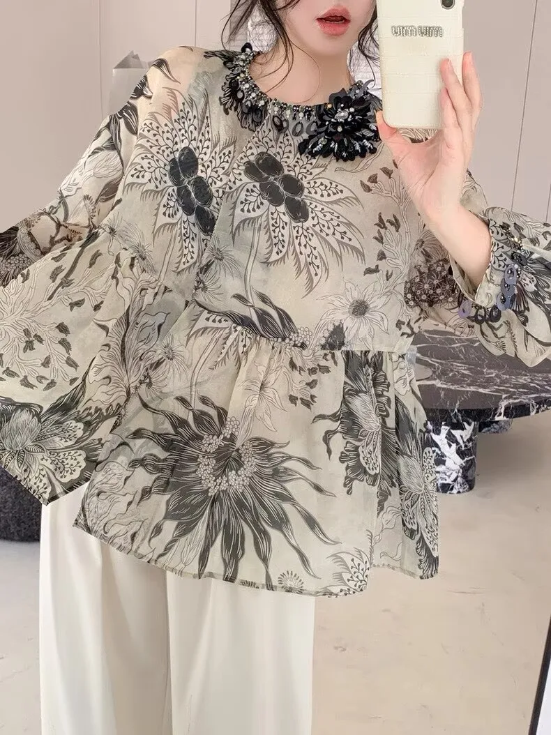 

High Quality Women's Silk Organza Printed Tops Handmade Sequins Vintage Puff Sleeve Loose Shirt