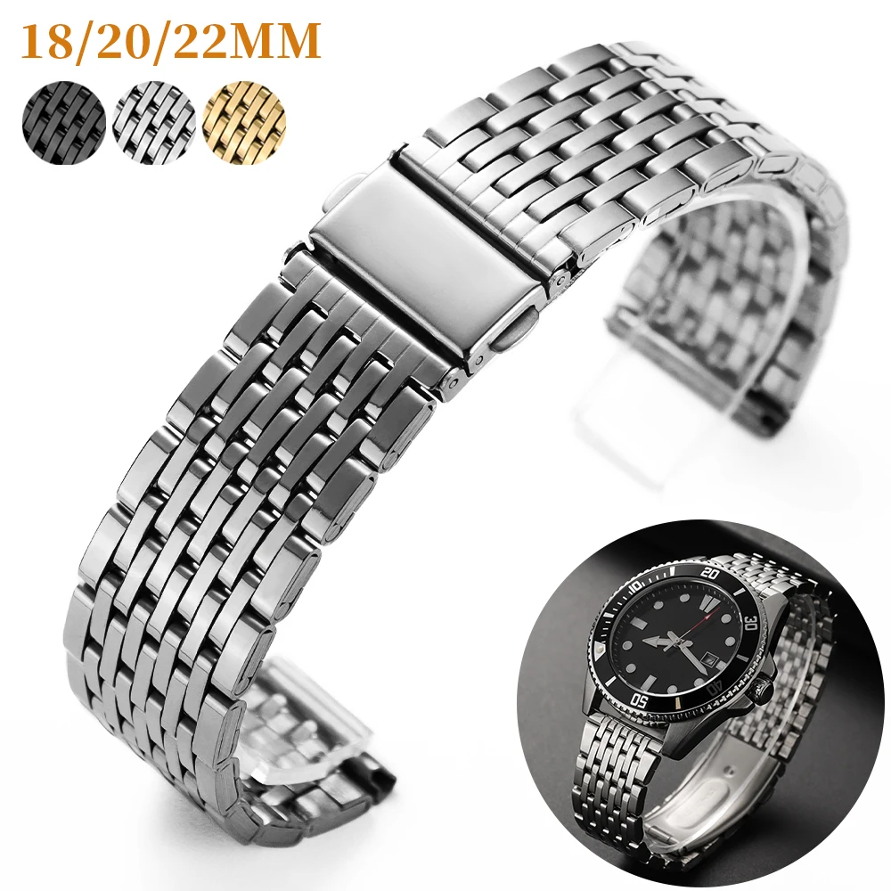 Edelstahl-Uhrenarmband mit neun Perlen, 18 mm, 20 mm, 22 mm, Faltschließe, universelles Uhrenarmband-Zubehör, Metall-Ersatzarmband