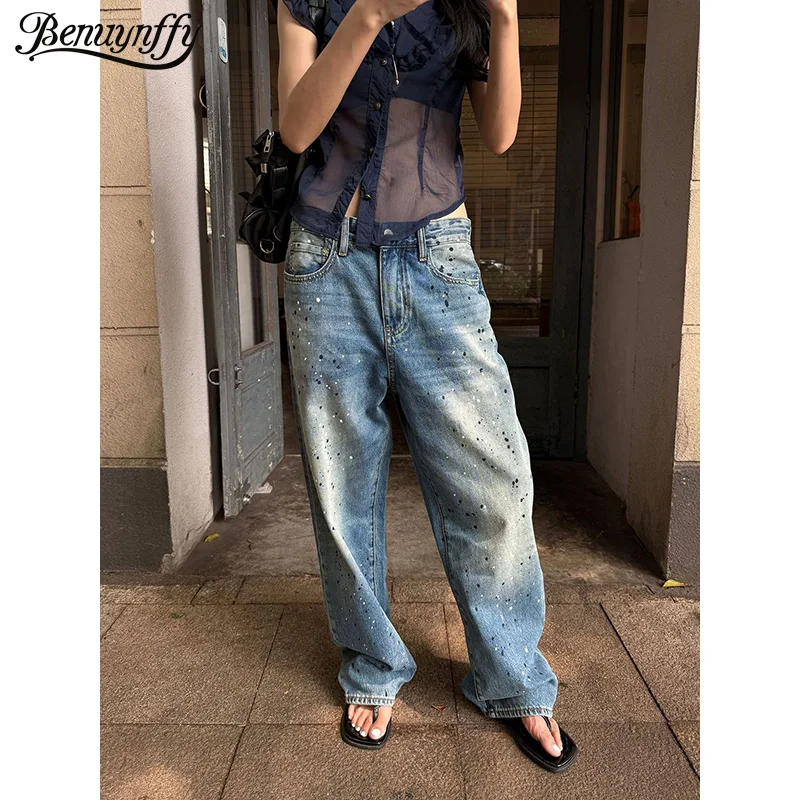 

Benuynffy American High Street Paint Splash Jeans Women 2026 Summer New Washed Retro 2000s Female Loose Straight Leg Denim Pants