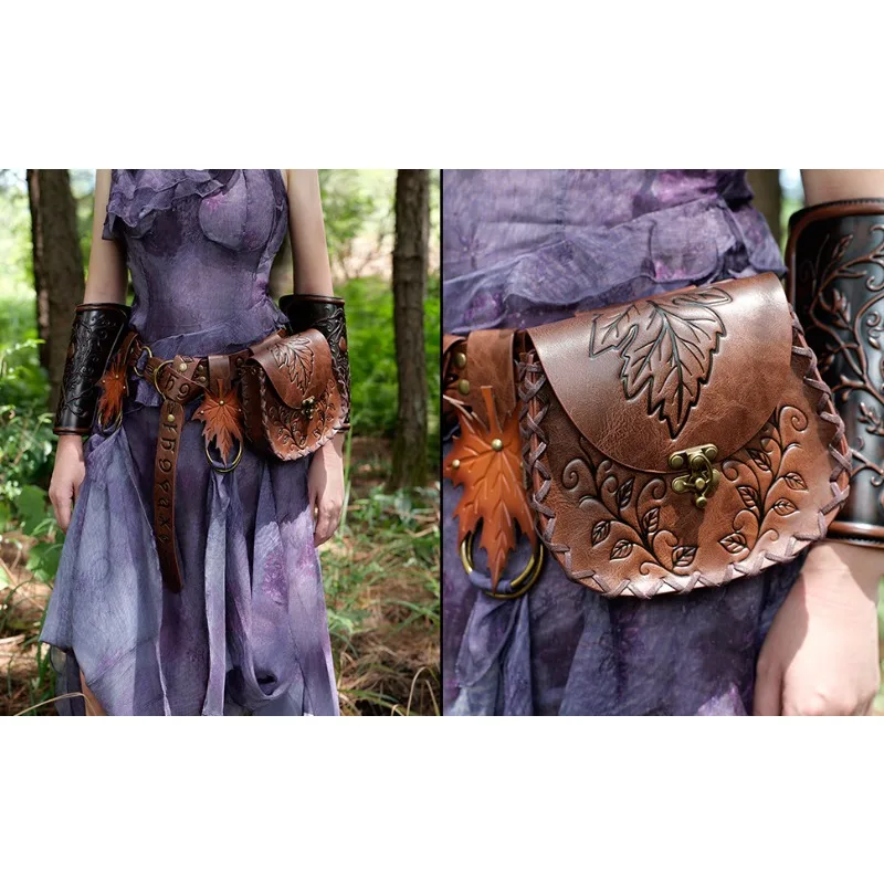 Medieval Cosplay Accessories Vintage PU Leather Belt with Waist Bag Pendant Headwear Bracer Set Renaissance Viking Cos Props