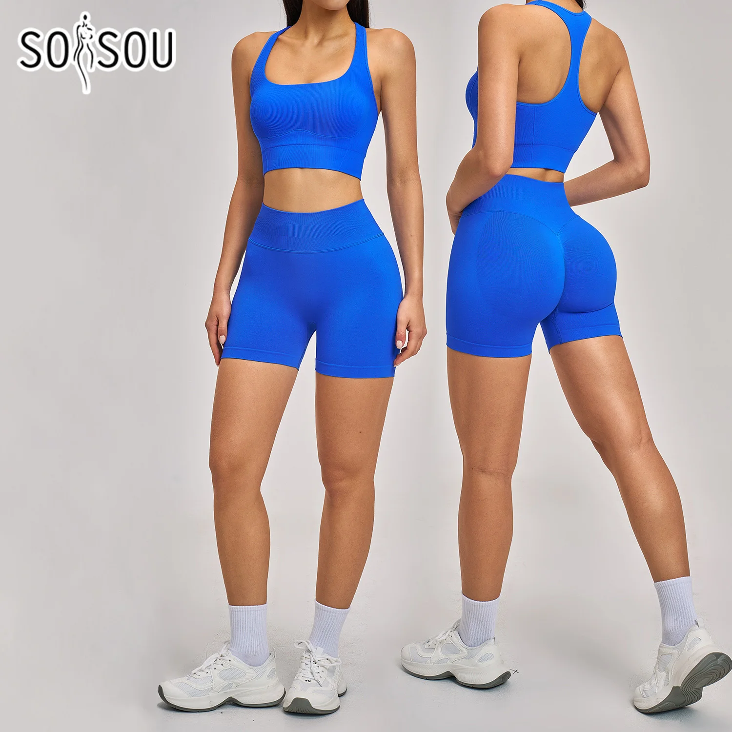 SOISOU Düz Renk Spor Takım Elbise Iki Parçalı Fitness Yoga Seti Dikişsiz Spor Şort Bisiklet Spor Salonu Koşu Spor Giyim Egzersiz Kıyafeti