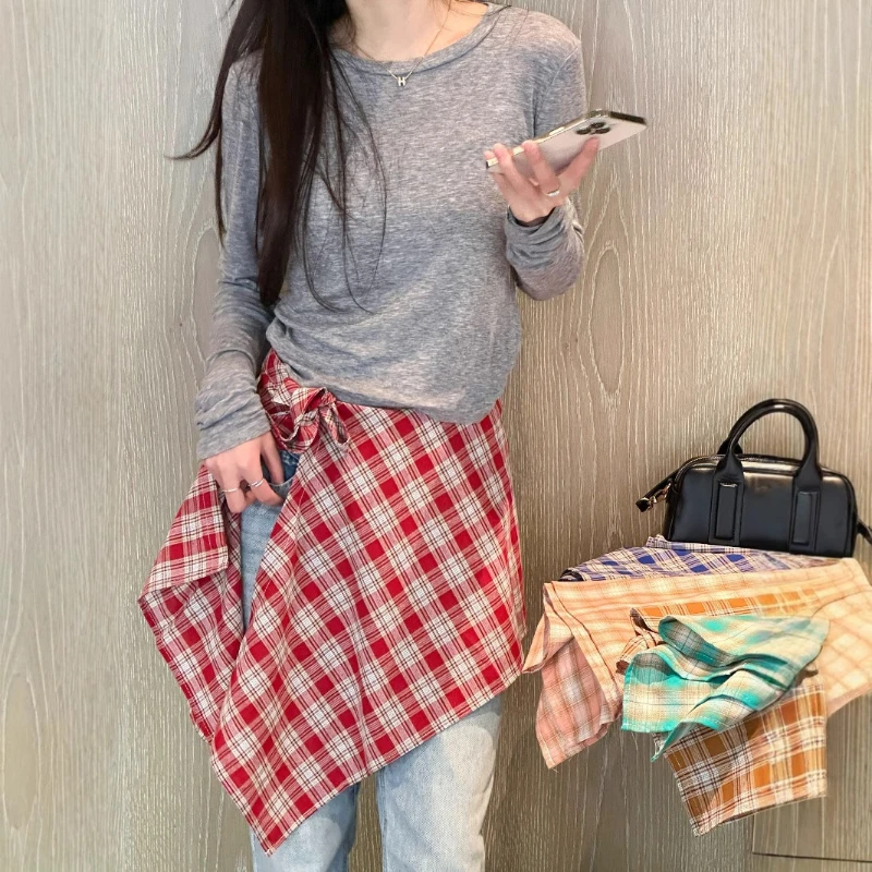 Plaid Irregular Peplum Layered Women's Fart Curtains Student Lace-up One-piece Apron  Spice Jeans Accessorized Bustier