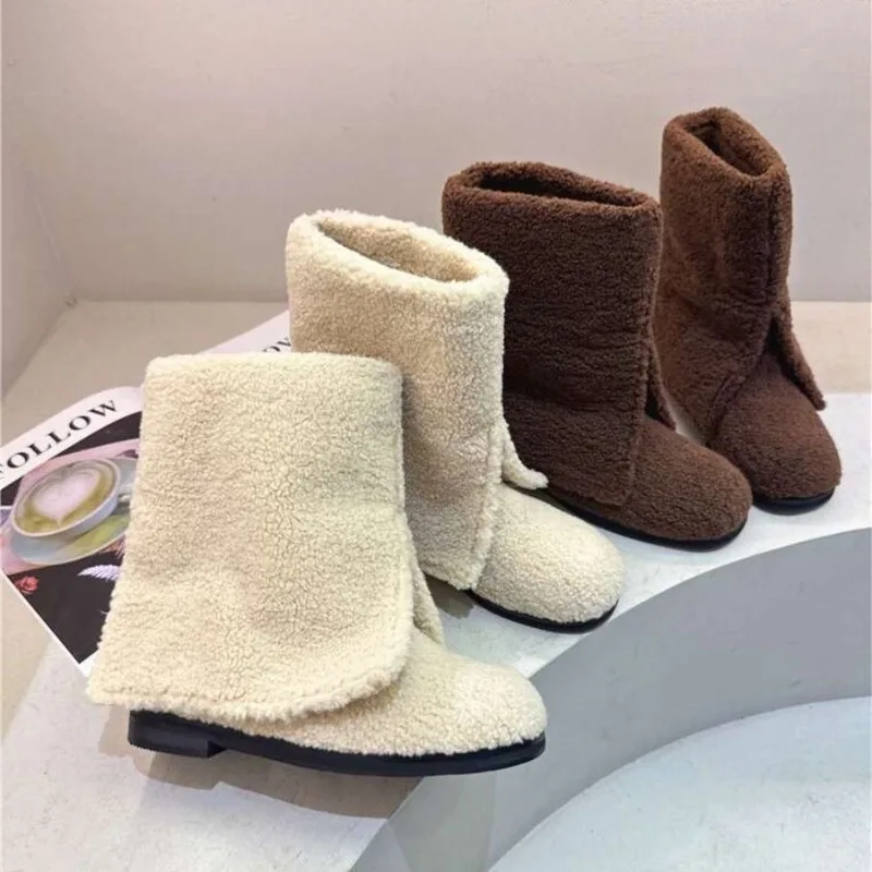 

2026 Winter Warm Snow Boots for Women Casual Flat Solid Color Faux Fur Lined Plush Mid Calf Booties Slip on Cotton Shoes