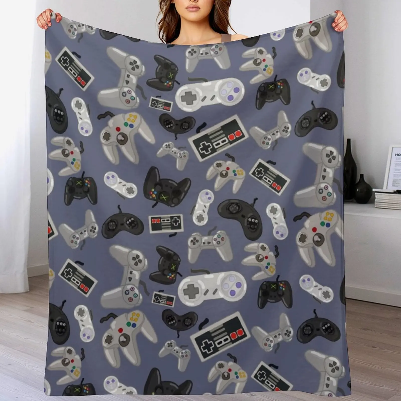 

Old School Video Game Controllers - Repeating Pattern Throw Blanket Year Round Soft Comfortable Blanket for Home