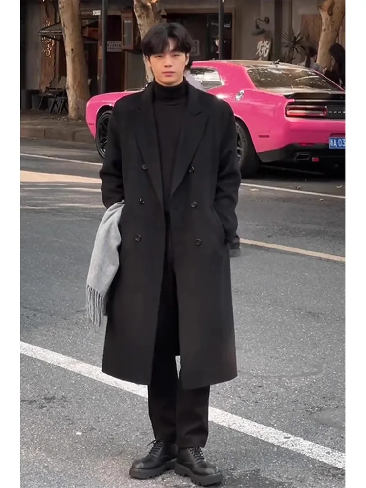 

Double-Sided Woolen Coat with Fur Belted Knee-Length Modern Sle Men's Outerwear Youth Faion Autumn Winter Coat