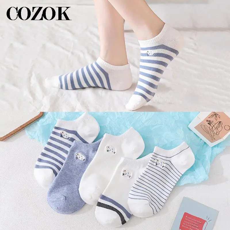 

5 Pairs/Pack Kawaii Embroidered Ankle Socks Women Expression Sheep Funny Cotton Breathable Low Tube Short Socks EU Size 35-39