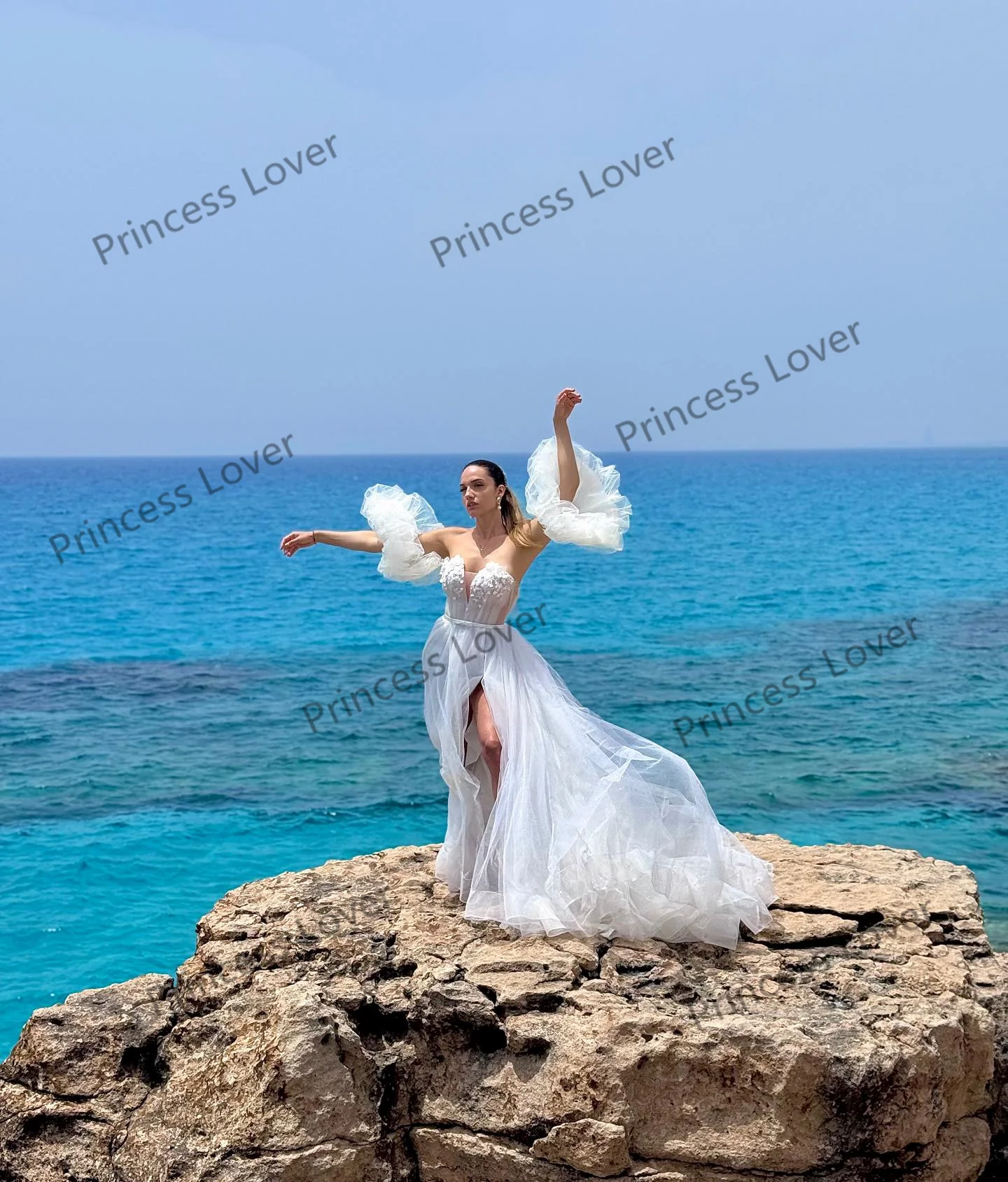 Abiti da sposa da spiaggia estate Tulle pizzo Applique abiti da sposa spacco laterale maniche rimovibili Boho Vestido De Novia