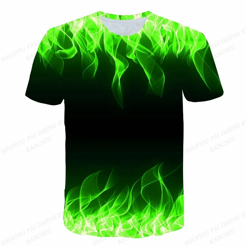 Summer Men's T-shirt Blue Green Flame 3d Print T-shirts Men Women Fashion Short Sleeve Tshirt Kids Hip Hop Tops Tees Boy T Shirt