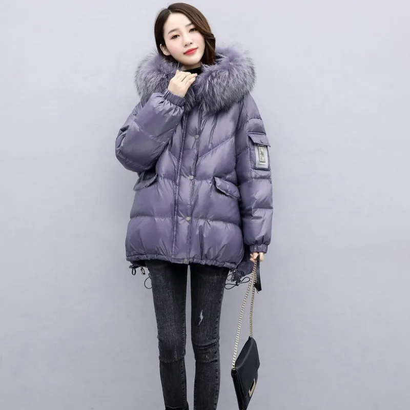 2023 New Down Cotton Jacket Women Mid-length Loose Quilted Jacket Big Fur Collar Winter Overcoat Hoodie