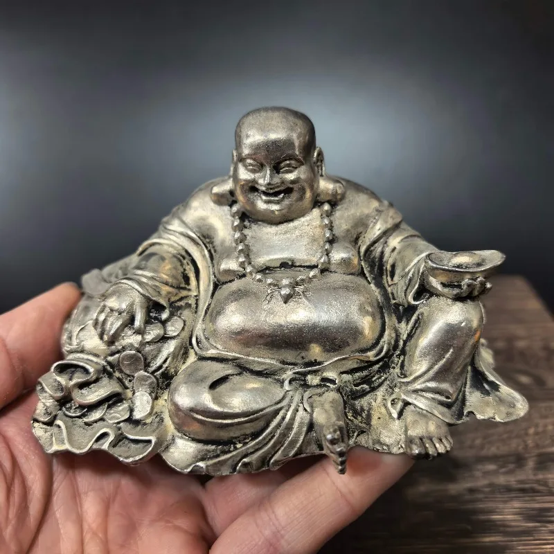 Chinese Retro Laughing Buddha Statue Vintage Silver‑Plated Maitreya Figurine Desktop Ornament Feng Shui Wealth Decor Craft Gift