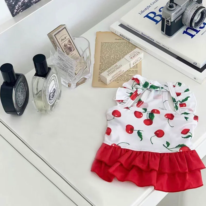 Dog Clothes Cute Cherry Print Dog Swimsuit Pet Cats Puppy Bichon Poodle Thin Breathable Summer Pet Vest Small Dog Dresses