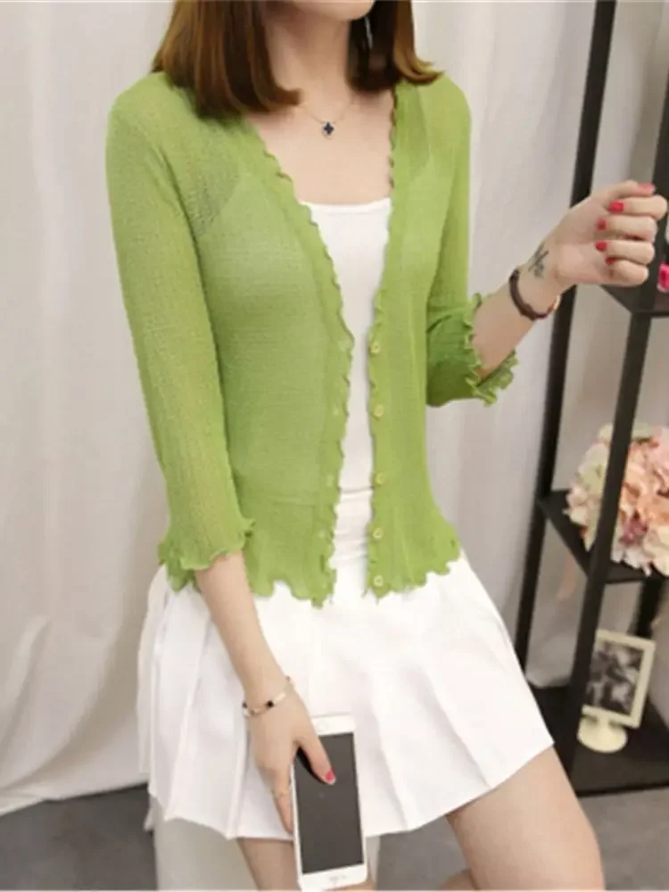 Fashion 2024 Spring And Summer New Style Of Pure Color Ice Silk Cardigan Summer Short Style Air Conditioning Knitted Coat PZ301