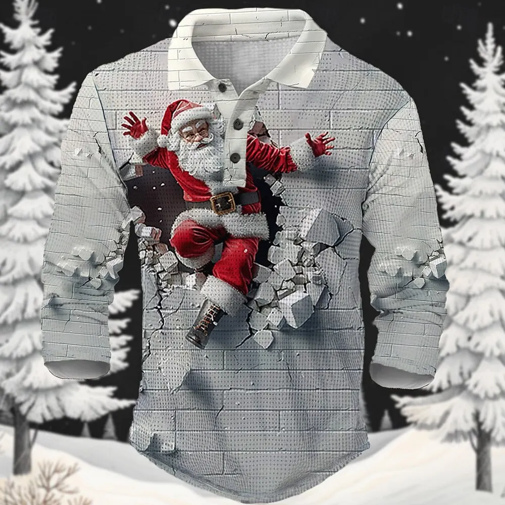 

Men's 3D Print Santa Claus Pattern Polo Shirts Fashion Creative Design Long Sleeve Lapel Pullover Christmas Party Casual Clothes
