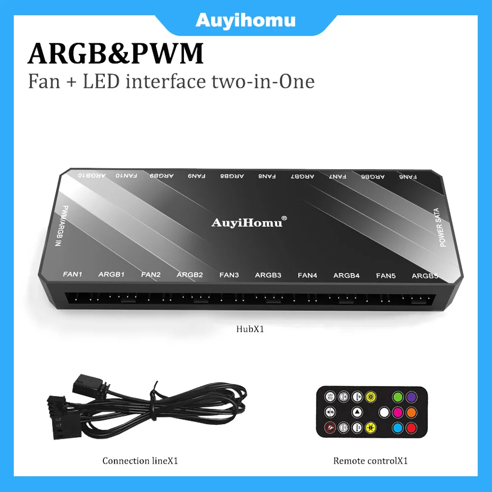 

10-Port PWM ARGB Fan Hub Remote Magnetic Mount PC Fan Controller SATA Power ARGB Light Sync (Battery Not Included)