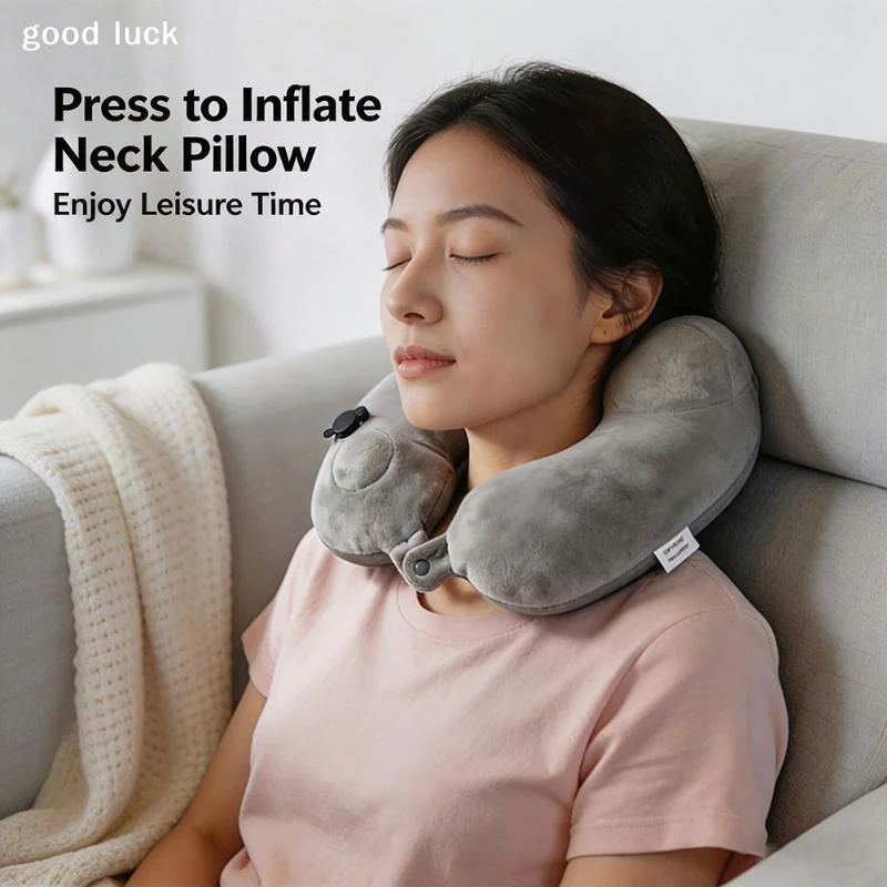 Portable Auto Inflation Neck Pillow Detachable Foldable U-shaped Double Hump Neck Pillow for Outdoor Travel, Business Travel