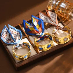 Exaggerated Stainless Steel Open Bangle Bracelet With Silk Scarves, Wide Brand Women Statement Bracelet Chunky Jewelry
