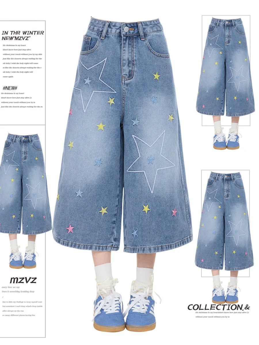 

Retro American High Street Embroidered Star Loose Wide Leg Jeans Men's Summer New Style Seven-Foot Natural Waist Denim Pants