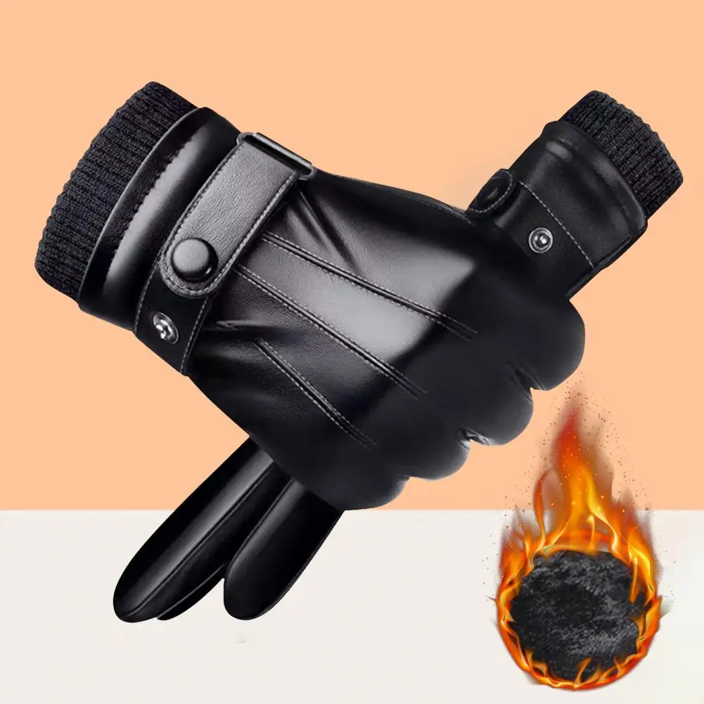 1 Pair Men Gloves Windproof Touch Screen Riding Gloves Full Finger Plush Lining Faux Leather Anti Skid Gloves for Outdoor