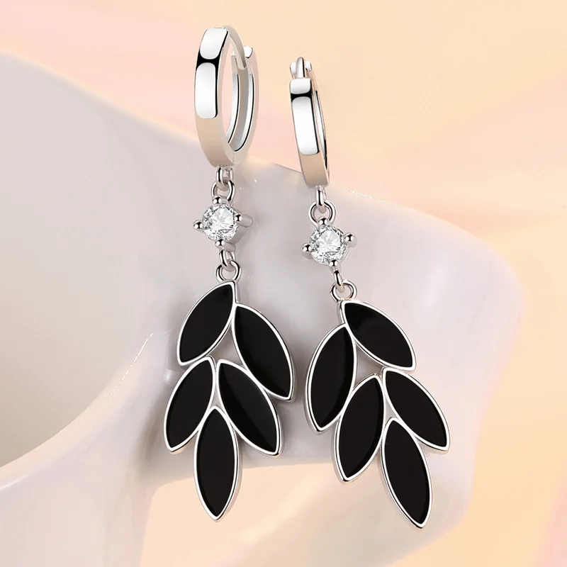Trendy 925 Sterling Silver Earrings For Women Vintage Black Leaves Temperament long Eardrop Jewelry Lady Anniversary Accessories