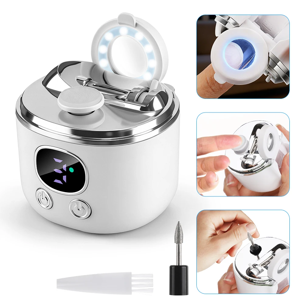 

2-in-1 Electric Nail Clipper with Magnifier LED Light Automatic Nail Trimmer Scissors Dual-Blade Opening 3 Speeds Rechargeable