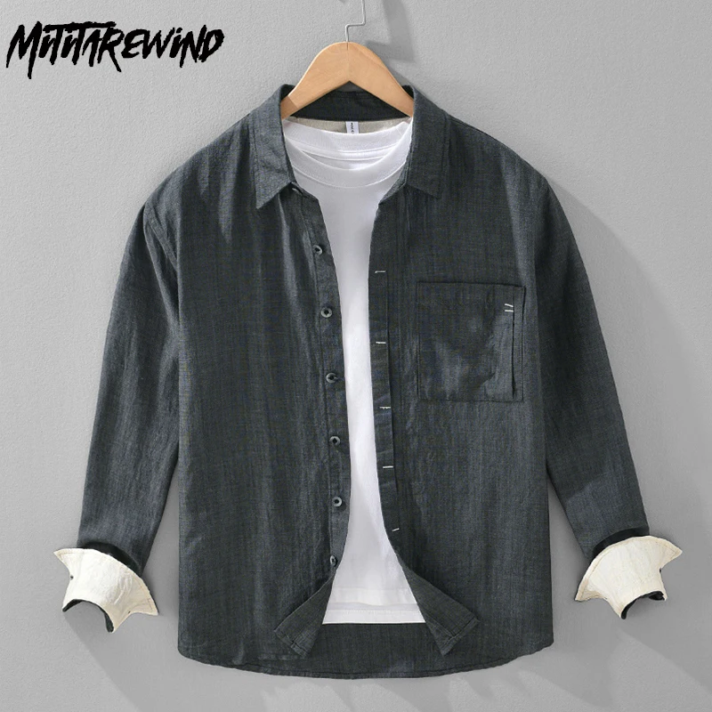 Japan Style Vintage Shirt Men Spring and Summer New Long Sleeve Linen Shirts Male Casual Lapel Pocket Gray Shirt Breathable Tops