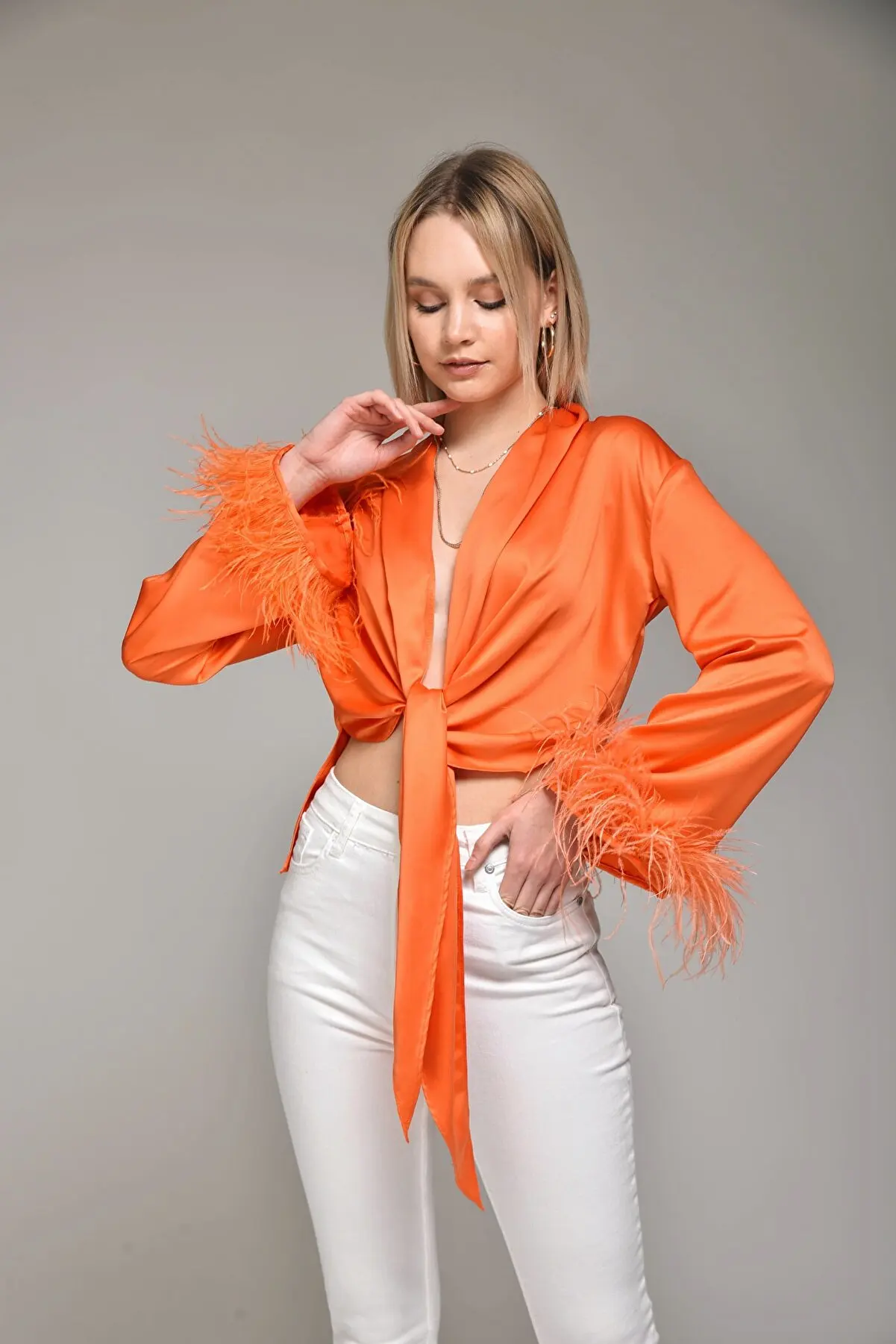 Women's Orange Sleeves Feathered Detailed Binding Oversize Satin Blouse Crop Tops for Ladies