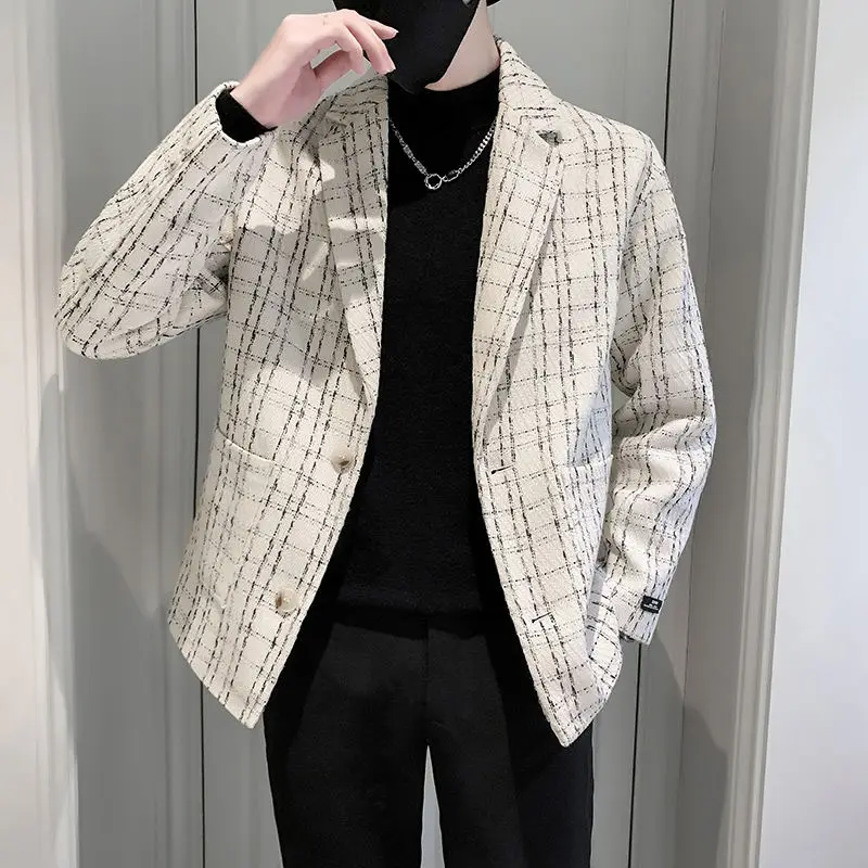 

Men's Short Autumn Winter Plaid Blazer Jacket 2025 New Arrival Casual Slim Fit Fashion Suit Coat