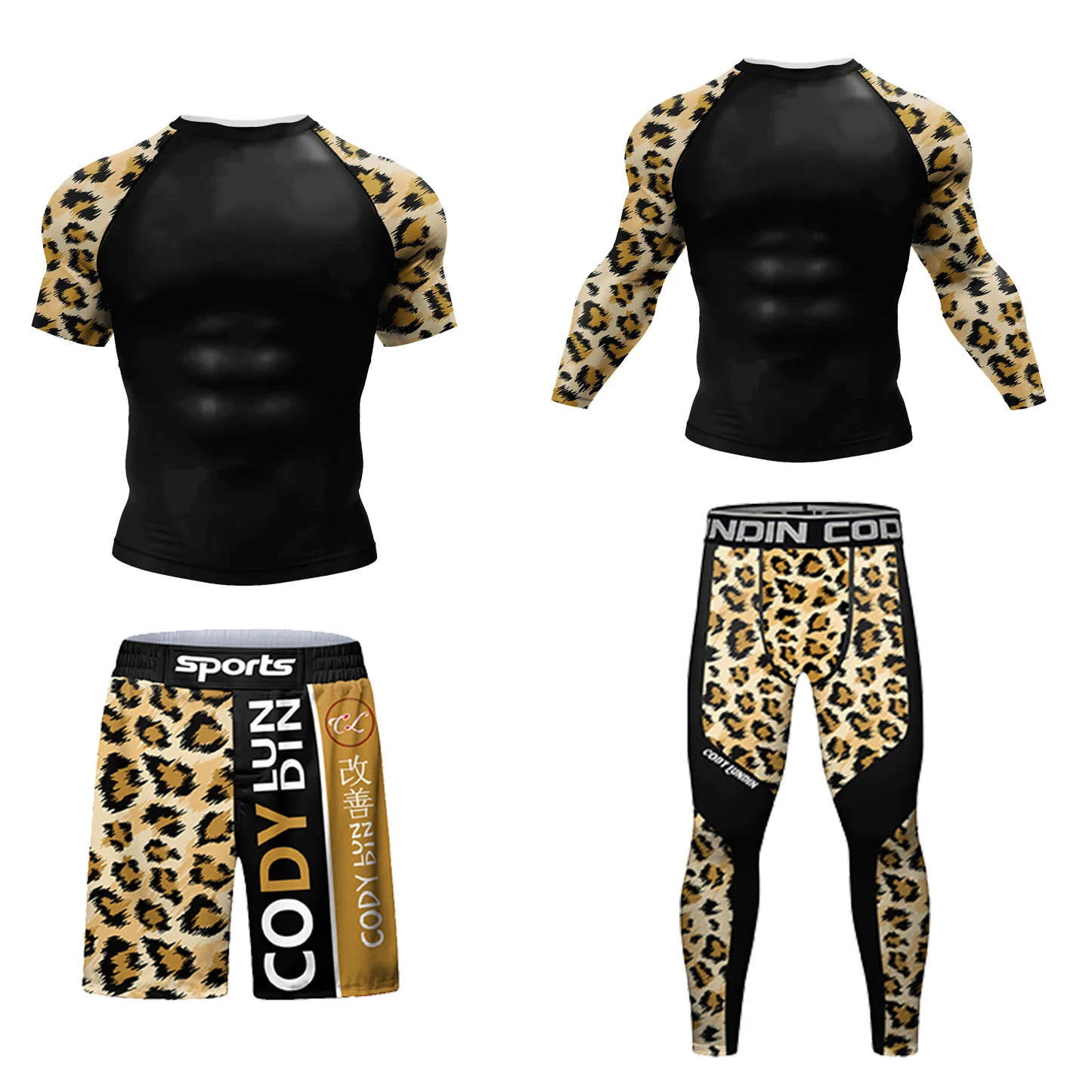 Cody Lundin 4 Pieces Cat Printed Kickboxing Tracksuits for Men Compression Shirts Pant Men Sports Set BJJ jiu jitsu Rashgard Set