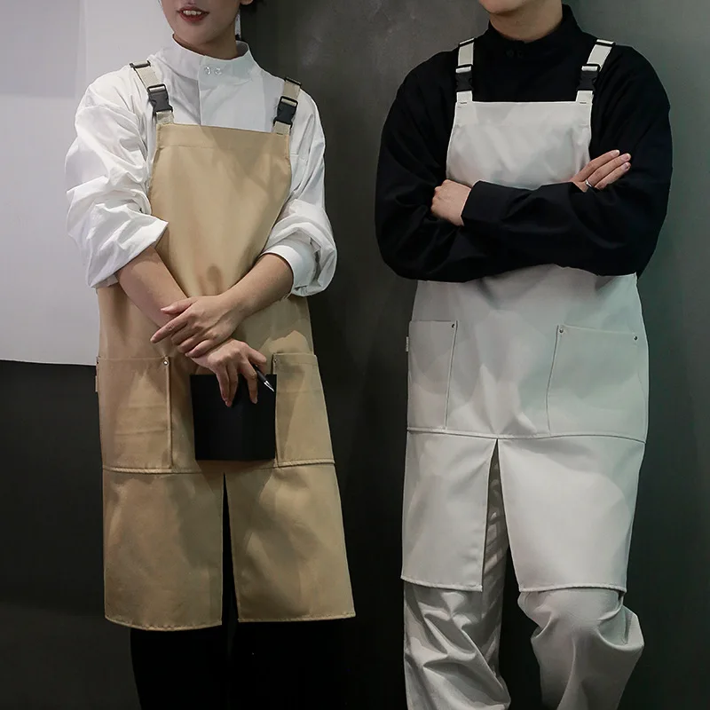 Korean and Japanese Waterproof Coffee Restaurant Canvas Apron Cover Work Clothes BIB Slit Split Design Kitchen Uniform