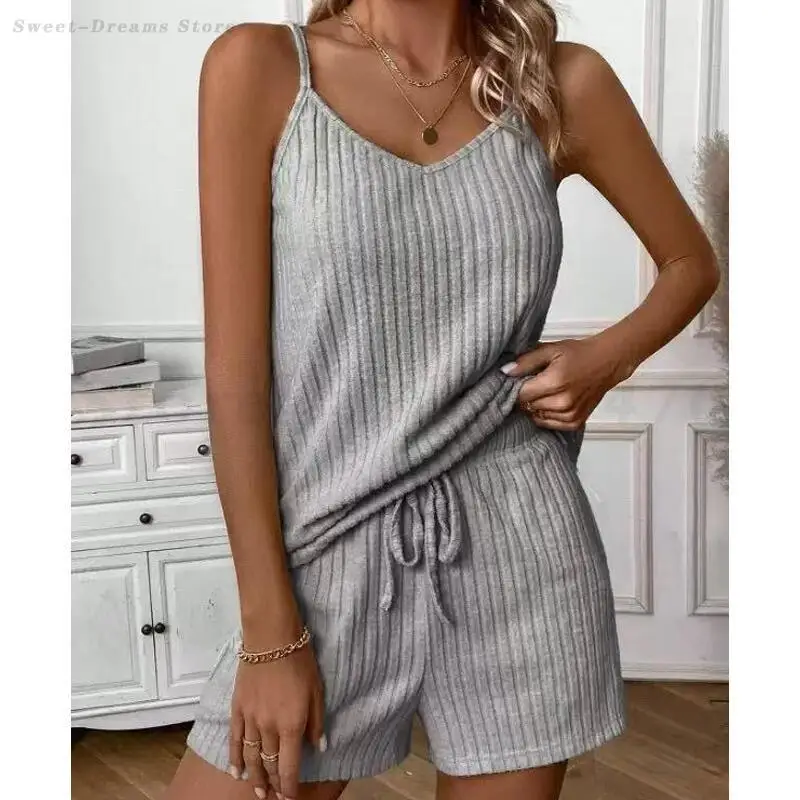 

Summer New Female Pajamas Set Sleeveless Cami&Shorts Pijama Mujer Sexy Women Lingerie Night Wear Loose Sleepwear Home Clothes